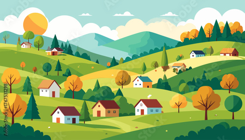Autumn in hilltop village flat color vector illustration. 2D cartoon landscape. Tuscan scenery. Farmland scene. Harvest season. Agricultural field
