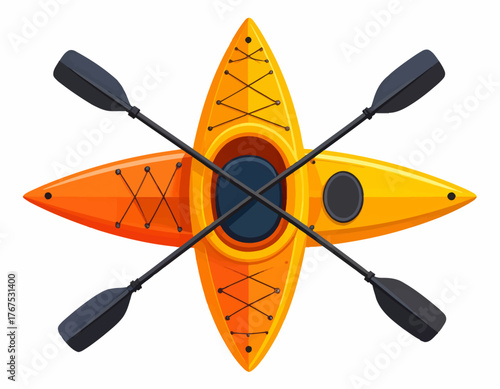 Kayak flat vector illustration. Extreme sports. Equipment for kayaking, canoeing. Active lifestyle. Outdoor activities. Water transport. Boat with paddle isolated cartoon clipart on white background
