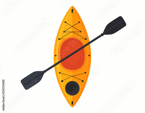 Kayak flat vector illustration. Extreme sports. Equipment for kayaking, canoeing. Active lifestyle. Outdoor activities. Water transport. Boat with paddle isolated cartoon clipart on white background
