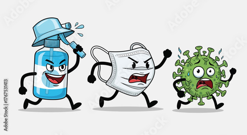 Animated sanitizer chases a terrified virus while the face mask tries to catch up to help fight