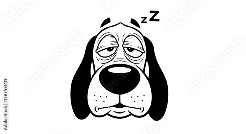 Snoozing canine illustration with drooping eyes and a large nose in black and white style