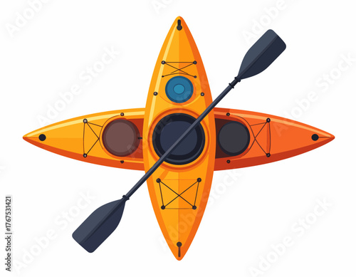 Kayak flat vector illustration. Extreme sports. Equipment for kayaking, canoeing. Active lifestyle. Outdoor activities. Water transport. Boat with paddle isolated cartoon clipart on white background
