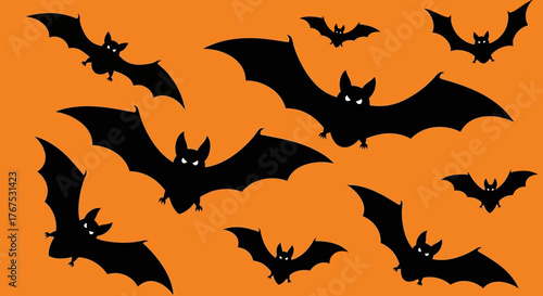 Halloween themed backdrop featuring flying bat silhouettes on an orange colored background ideal