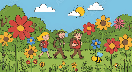 Cartoon illustration of three happy children hiking with backpacks through a beautiful sunny meadow filled with giant, colorful flowers and a bee