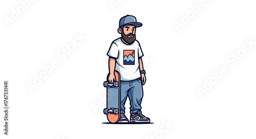 Illustration of a bearded man in casual attire holding a skateboard on a white background
