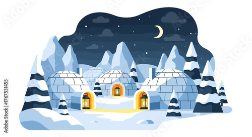 Cozy Igloo Village at Night with Warm Lights and Snowy Landscape.