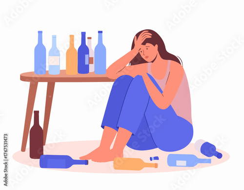 Alcoholism problem 2D vector isolated illustration. Unhealthy lifestyle. Person with substance abuse issue. Alcoholic woman flat characters on cartoon background. Bad habit colourful scene
