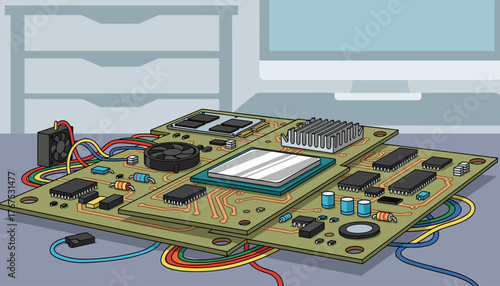 Detailed close-up illustration of a complex computer motherboard and its components, including a CPU, RAM modules, heatsink, fans, resistors, and colorful wires, set against a blurred background of a