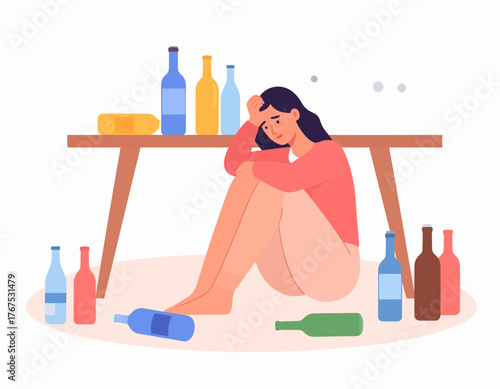 Alcoholism problem 2D vector isolated illustration. Unhealthy lifestyle. Person with substance abuse issue. Alcoholic woman flat characters on cartoon background. Bad habit colourful scene
