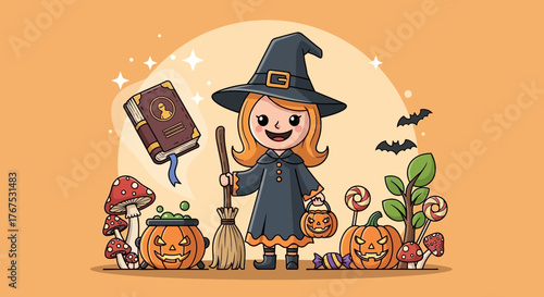 Whimsical Halloween illustration of a friendly witch surrounded by magic, pumpkins, and sweets