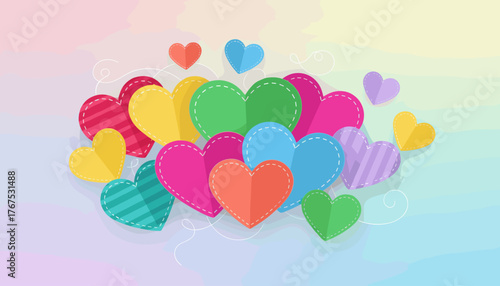 A vibrant and cheerful collection of colorful paper hearts, artfully arranged on a soft pastel gradient background, evoking feelings of love, joy, and celebration, perfect for Valentine's Day or any