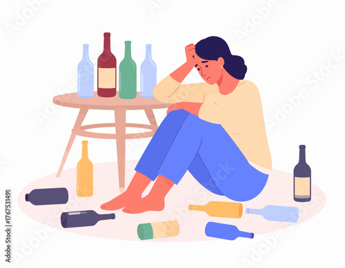 Alcoholism problem 2D vector isolated illustration. Unhealthy lifestyle. Person with substance abuse issue. Alcoholic woman flat characters on cartoon background. Bad habit colourful scene
