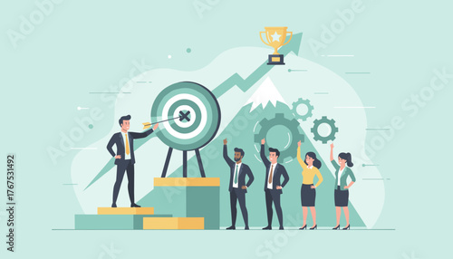 Successful business team celebrating achieving their target goal with a trophy on a mountain peak, symbolizing success and victory in a corporate environment with gears and growth chart elements.