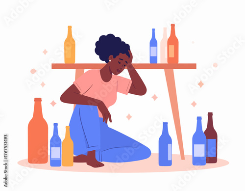 Alcoholism problem 2D vector isolated illustration. Unhealthy lifestyle. Person with substance abuse issue. Alcoholic woman flat characters on cartoon background. Bad habit colourful scene
