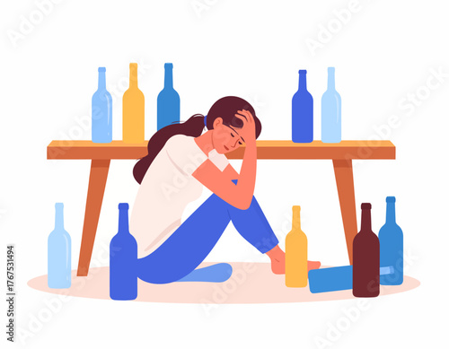 Alcoholism problem 2D vector isolated illustration. Unhealthy lifestyle. Person with substance abuse issue. Alcoholic woman flat characters on cartoon background. Bad habit colourful scene
