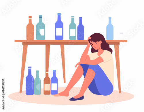 Alcoholism problem 2D vector isolated illustration. Unhealthy lifestyle. Person with substance abuse issue. Alcoholic woman flat characters on cartoon background. Bad habit colourful scene
