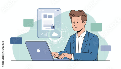 Modern businessman working on a laptop, interacting with a secure digital invoice and online statements concept, featuring cloud integration and data analytics, symbolizing financial technology and