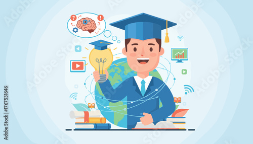 Vibrant illustration of a smiling graduate in a cap and gown holding a glowing lightbulb, symbolizing knowledge and innovation, with the Earth and educational icons like books, computers, and Wi-Fi