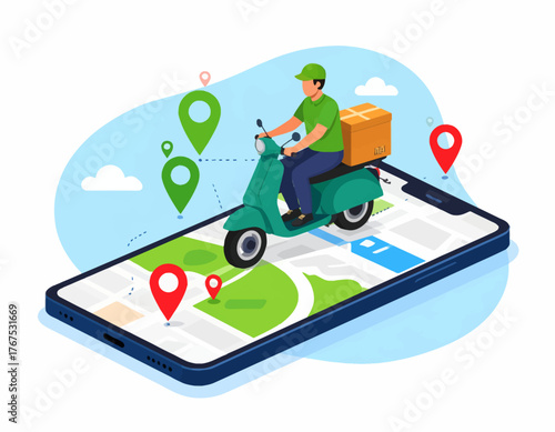 Delivery app isometric illusration. Pizza order navigation. Fast food shipping. Pizza courier delivery. E-commerce concept. Online food order infographic. Webpage, app design. Isolated vector