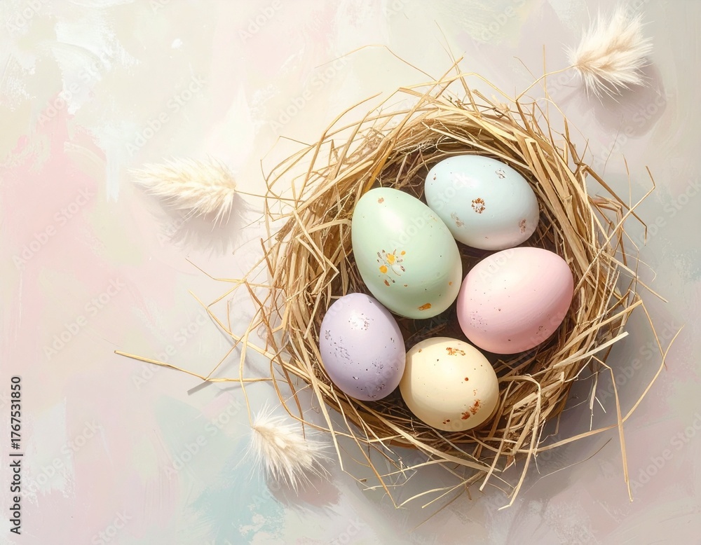 Fototapeta premium Pastel colored Easter eggs in a traditional straw nest