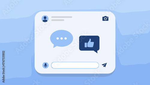 Modern flat vector illustration of a live chat interface on a blue background, featuring chat bubbles, a thumbs-up icon, a microphone, a text input field, and a send button, representing online
