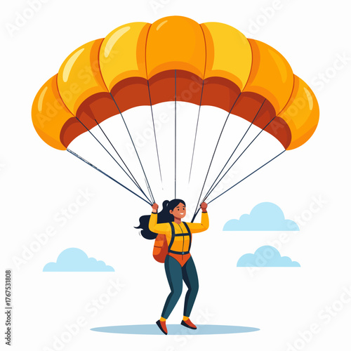 Parachuting flat vector illustration. Skydiving, paragliding experience. Extreme sports. Active lifestyle. Outdoor activities. Sportsman with parachute isolated cartoon character on white background