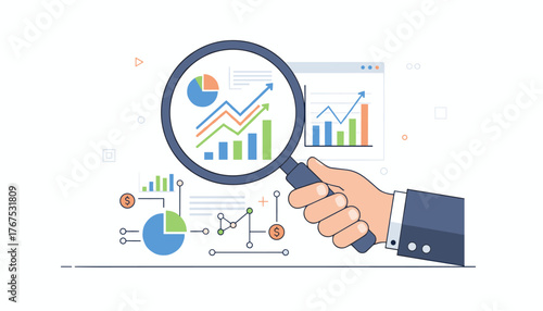 Close-up view of a hand holding a magnifying glass over a financial investment graph, analyzing charts and data, symbolizing business growth, analytics, and economic research with a clean, modern