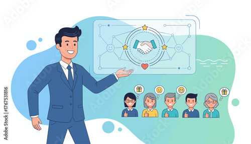 Loyalty program concept illustration: a businessman presents a digital interface showcasing customer engagement, handshake, stars, heart, and happy emoticons, symbolizing partnership and customer