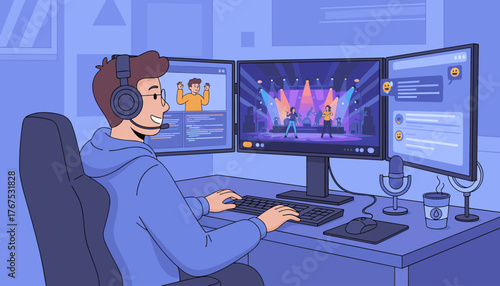 Young man wearing headphones and glasses, sitting at a desk with multiple computer monitors, actively engaged in streaming a live concert performance to an online audience, interacting with chat
