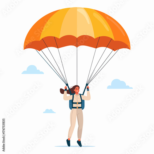 Parachuting flat vector illustration. Skydiving, paragliding experience. Extreme sports. Active lifestyle. Outdoor activities. Sportsman with parachute isolated cartoon character on white background