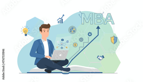 Master of Business Administration (MBA) program concept with a focused businessman working on a laptop, surrounded by business icons, growth charts, and the MBA acronym, symbolizing education