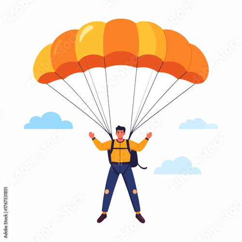 Parachuting flat vector illustration. Skydiving, paragliding experience. Extreme sports. Active lifestyle. Outdoor activities. Sportsman with parachute isolated cartoon character on white background