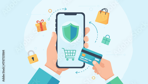 Secure mobile payment transaction concept with a hand holding a smartphone displaying a shield and shopping cart, and another hand holding a credit card, surrounded by shopping bags, gift boxes, and