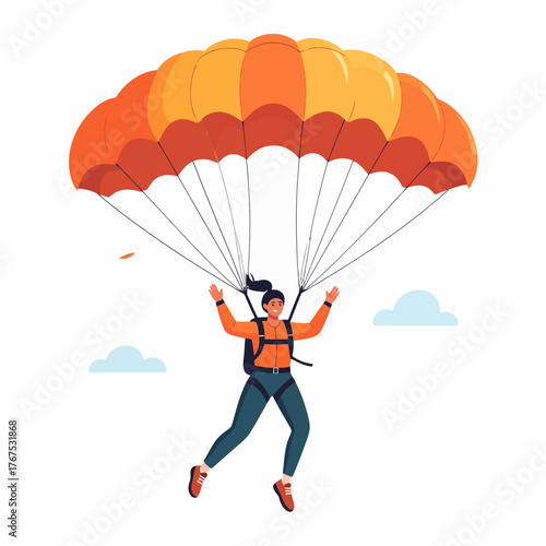 Parachuting flat vector illustration. Skydiving, paragliding experience. Extreme sports. Active lifestyle. Outdoor activities. Sportsman with parachute isolated cartoon character on white background