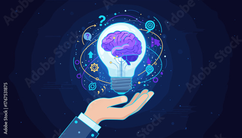 Vibrant conceptual illustration of a human hand gently cradling a glowing light bulb containing a detailed, purple brain, symbolizing new ideas, innovation, and inspiration against a dark, starry