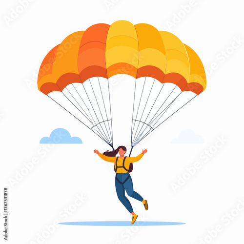 Parachuting flat vector illustration. Skydiving, paragliding experience. Extreme sports. Active lifestyle. Outdoor activities. Sportsman with parachute isolated cartoon character on white background