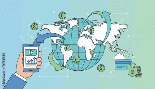 Global financial transactions and currency exchange illustrated with a smartphone, world map, credit card, lock, and currency symbols like dollar, euro, and yen, representing international money