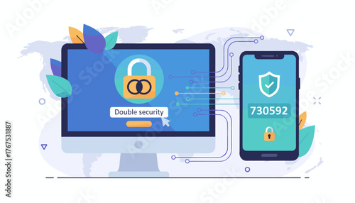 Digital illustration of a computer and smartphone displaying security icons, symbolizing double security and one-time password (OTP) login for enhanced data protection and online safety, with a world