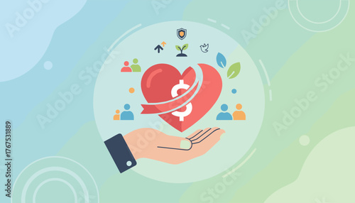 Conceptual illustration of a hand holding a heart with a dollar sign, symbolizing charity, donation, and support for nonprofit organizations, community welfare, and social causes, with icons