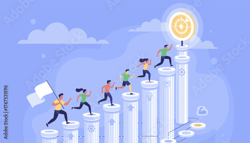 Diverse group of people running up a staircase of columns towards a golden target, symbolizing success, achievement, and reaching goals in business and life, with a white flag leading the way.