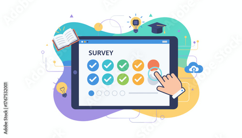 Modern digital survey form concept on a tablet screen, featuring checkboxes, a hand cursor interacting with options, and educational icons like a book, graduation cap, and lightbulb, symbolizing