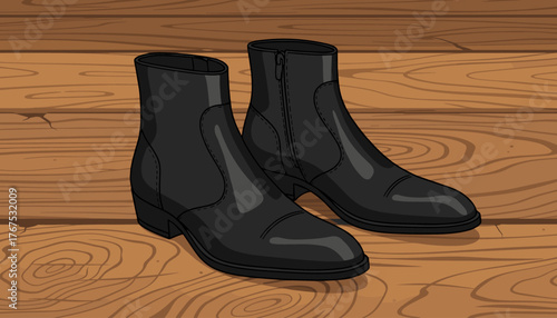 A pair of sleek, black leather men's ankle boots with zippers, presented on a rustic, weathered wooden floor, showcasing classic style and durability for any wardrobe, perfect for fashion and