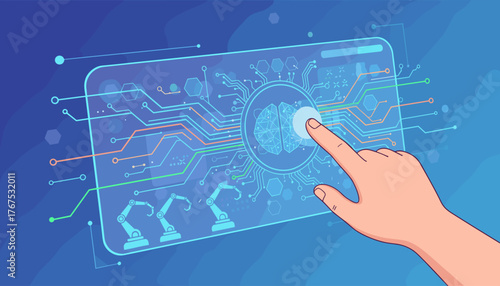 Close-up of a human finger touching a glowing digital brain icon on a futuristic interface, symbolizing artificial intelligence, innovation, and the integration of technology into our lives, with