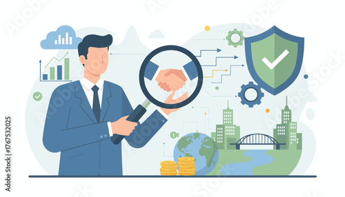 Business partnership concept, a man in a suit examines a handshake through a magnifying glass, symbolizing trust, collaboration, and secure deals, with global finance, growth charts, and cityscapes