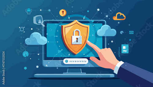 Digital security concept, a hand interacting with a computer screen displaying a shield icon with a padlock, symbolizing secure login, data protection, and cybersecurity in a cloud-connected network