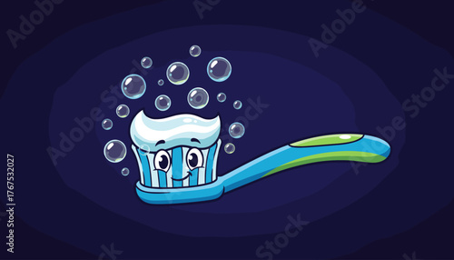 A cheerful cartoon toothbrush character with a smiling face and toothpaste on its bristles, surrounded by sparkling bubbles, set against a deep blue background, representing dental hygiene and oral