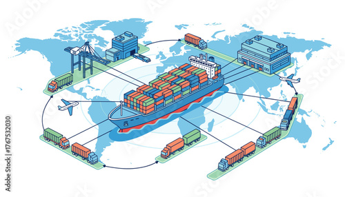 Global logistics and transportation network illustration featuring a large cargo ship at sea, surrounded by various modes of transport including trucks, airplanes, and cargo planes, all connected by