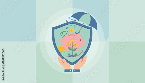 Vivid flat illustration concept of money protection and financial security, featuring a piggy bank inside a shield, protected by an umbrella from falling currency symbols, with stacks of coins and