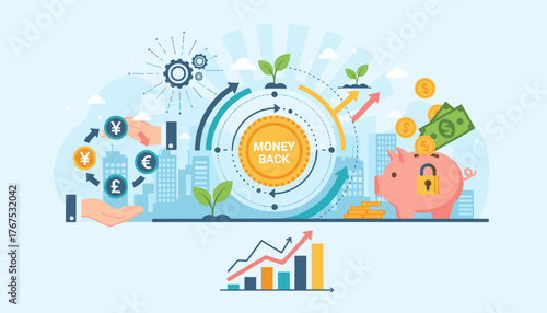 Vivid vector illustration of business graphics showcasing a money-back concept with currency exchange, a piggy bank with a lock, growing plants symbolizing investment, and financial charts indicating