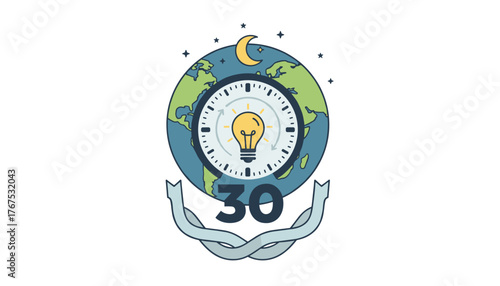 Vector creative illustration of a holiday date, featuring a stylized Earth with a clock face, a glowing light bulb symbolizing ideas, a crescent moon, and stars, all presented with a ribbon banner